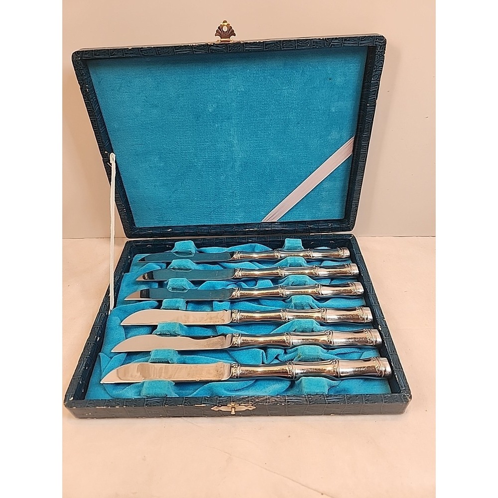 Set Of Six Vintage Stainless Steel Dinner Knives with Faux Bamboo Handles